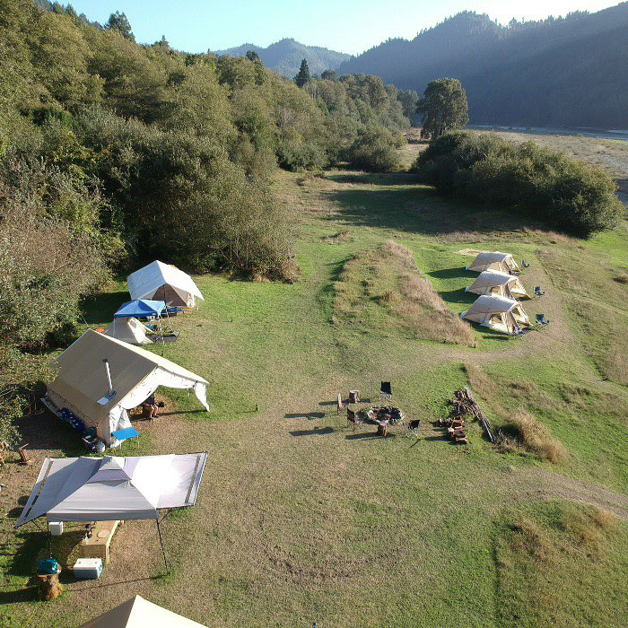 An aerial view of our jet-boat camp on the Lower Klamath River